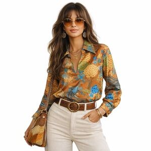 Vintage 70s Peachskin Troy California Floral Psychedelic Shirt Retro Mod Disco M